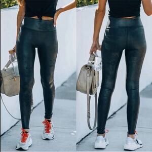 Spanx High Waisted Faux Leather Metallic Black Leggings Womens Size L